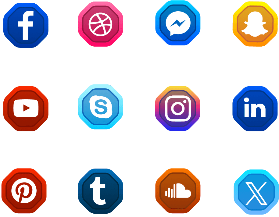 Glossy Octagonal Social Media Icons Set PNG